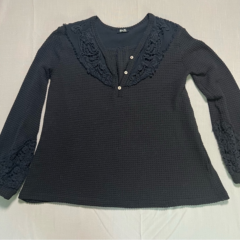 Miss Me Open Weave Waffle Knit Henley Top Crochet Details Summer Sweater Layer - Picture 5 of 12
